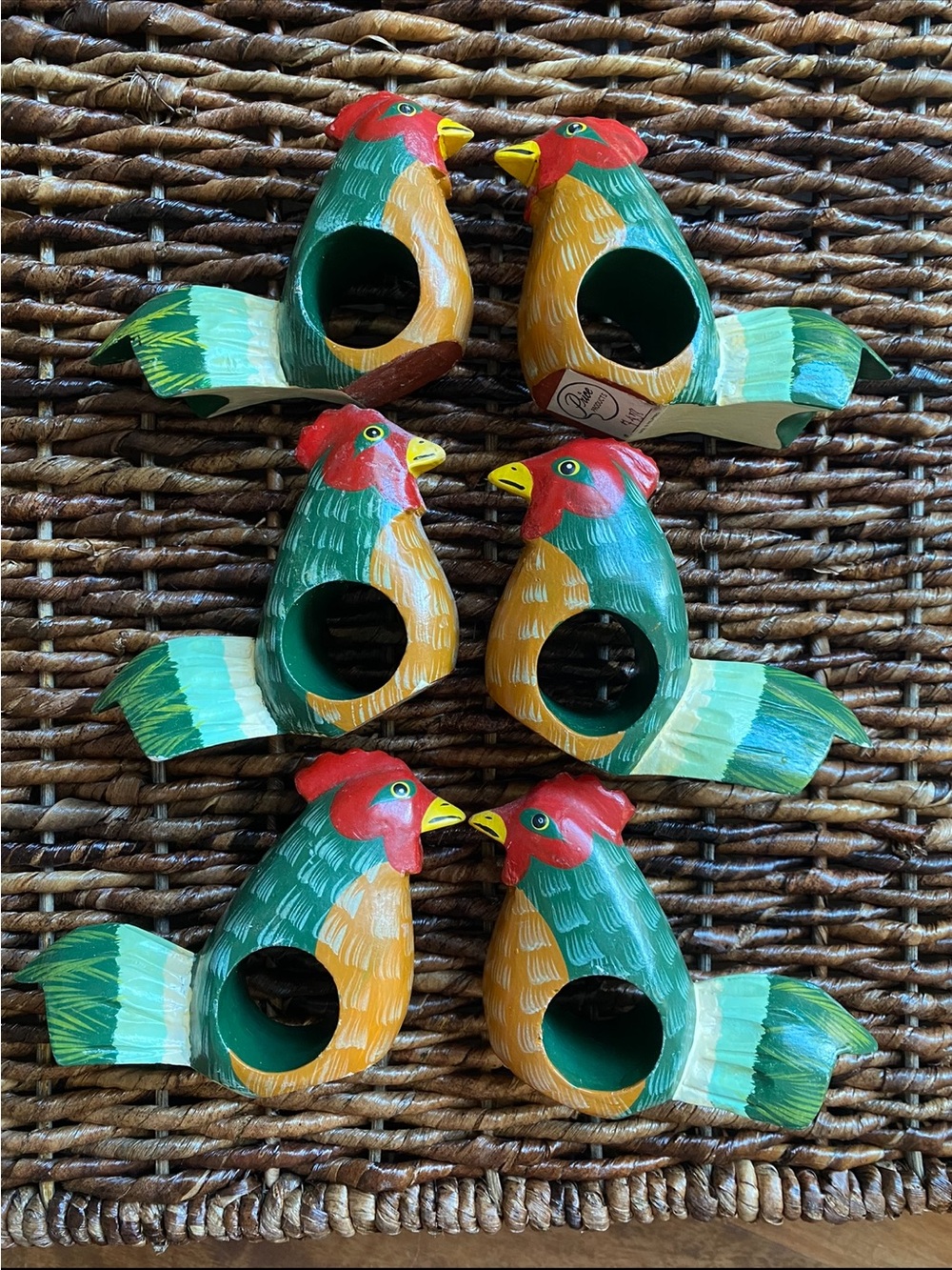 Vintage Rooster Design Wooden Napkin Rings Hand Painted Set of 6 Colorful